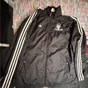 adidas Black Windbreaker Jacket with White Stripes and Team Patch